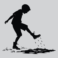 Boy stepping into rain boots silhouette vector design art and illustration