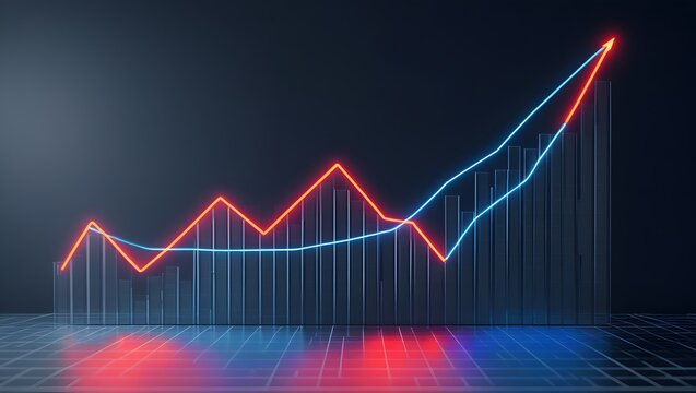 Glowing red and blue line chart going up on black background, stock market graph
