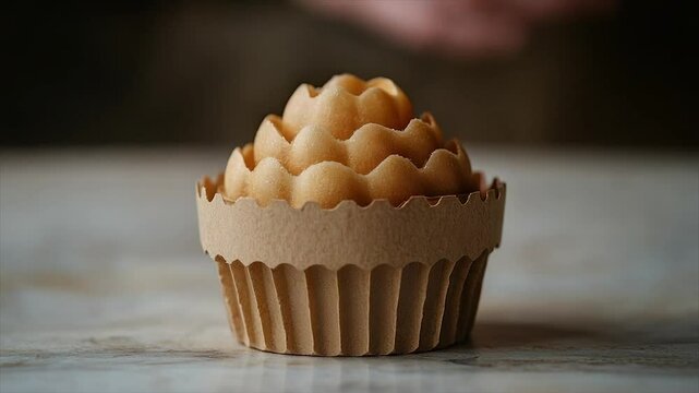 Delicate, light-brown confection in a fluted paper cup, resembling a flower