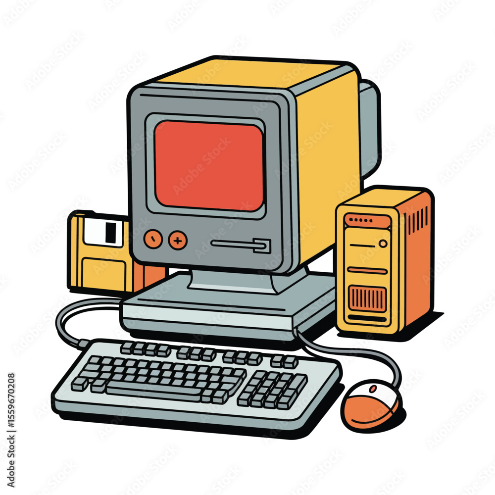 Poster retro computer illustration featuring vintage desktop setup including monitor keyboard mouse and flo