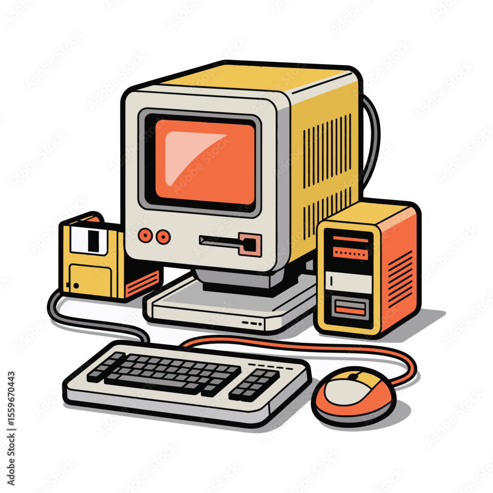 Poster retro computer setup vector illustration featuring a monitor keyboard mouse and floppy disk drive