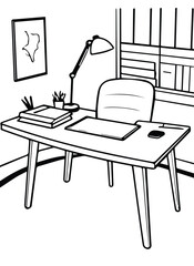 Empty home office desk with a lamp, books, and potted plant. An empty workspace in a home office setting.