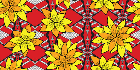 African rhombus ethnic traditional red pattern. seamless beautiful Kitenge, chitenge, Ankara style. fashion design. Geometric floral abstract motif. Yellow Floral Ankara prints, African wax prints