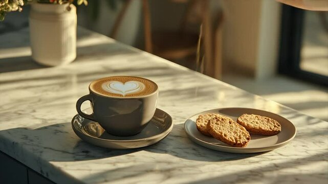 Sunlit latte art in gray cup with biscotti on marble counter