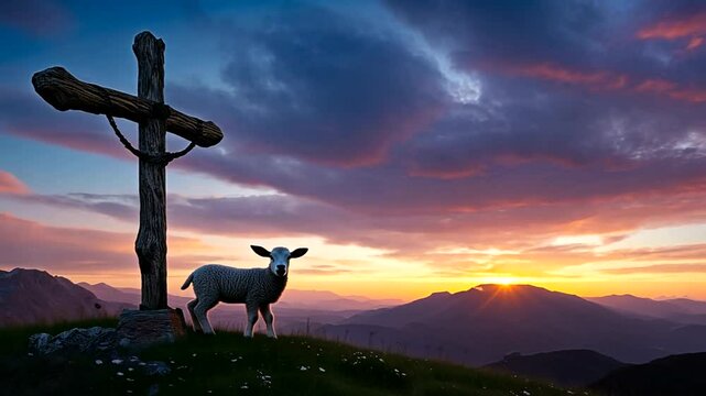 Serene sunset over mountains with a sheep near a wooden cross, symbolizing peace and nature
