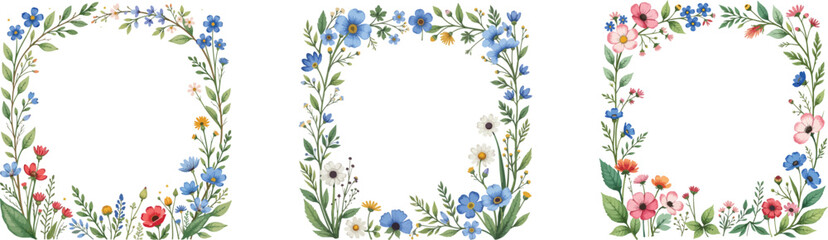 Fototapeta premium Watercolor Floral Frame Collection: Delicate Botanical Borders for Spring and Summer Designs, Set of Three 