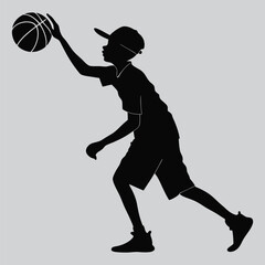 Teen spinning a basketball on finger silhouette vector design art and illustration