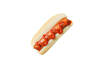 Juicy hot dog with ketchup in a bun isolated on transparent background