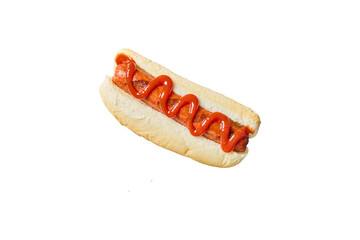 Delicious hot dog with ketchup topping in a bun isolated on transparent background