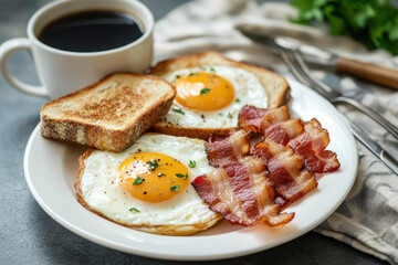 Homemade American breakfast. Fried eggs with bacon and toast, a cup of coffee, a fork and knife on a grey table. Healthy breakfast. The concept of healthy eating. Morning Sunlight