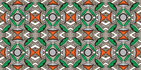 African ethnic traditional green, orange white color pattern. seamless beautiful Kitenge, chitenge style. fashion design in colorful. Geometric abstract motif. Ankara prints, African wax prints.