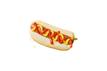 Delicious hot dog with ketchup and mustard in a bun isolated on transparent background