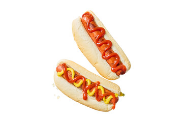 Two delicious hot dogs with ketchup and mustard isolated on transparent background