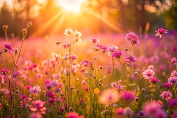 Fototapeta premium Meadow of Pink Flowers at Sunset