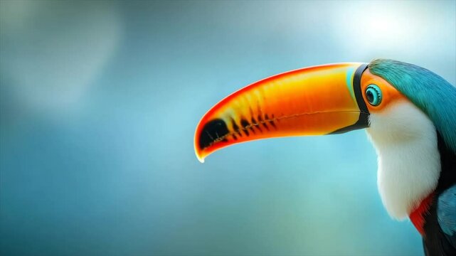 Vibrant toucan profile against a blurred teal backdrop
