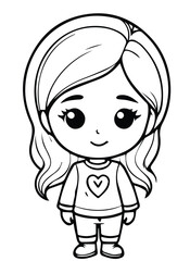 Obraz premium Young girl with long blonde hair wearing a heart-emblazoned sweater and pants. Standing in a neutral pose against a plain white background.