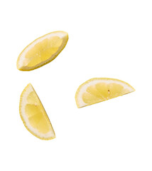 Three fresh lemon slices with water droplets isolated on transparent background