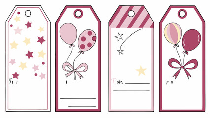 A collection of four decorative gift tags featuring whimsical designs of stars balloons and bows perfect for adding a festive touch to presents