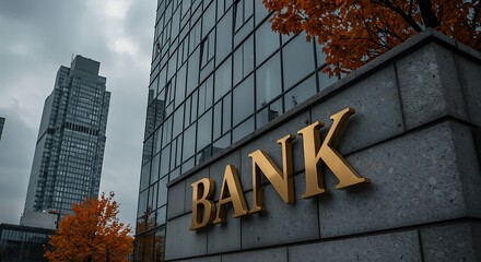 Modern bank building exterior with golden signage and autumnal foliage against cloudy sky