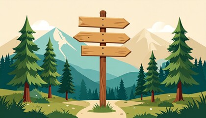 Wooden signpost pointing towards scenic mountain trails in a lush forest landscape