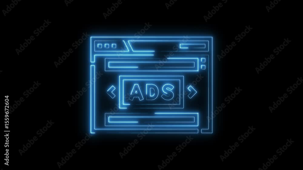 Poster glowing neon webpage with ads and arrows indicating next and previous advertisement