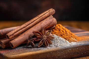 Cinnamon sticks, anise stars, and spice powder on a wooden board