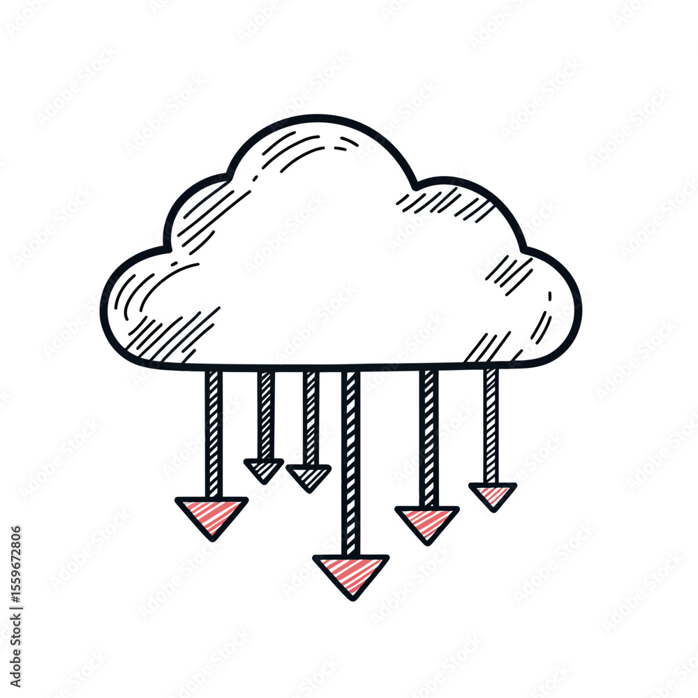 Aufkleber hand drawn doodle style cloud with multiple download arrows symbolizing digital data transfer and cl