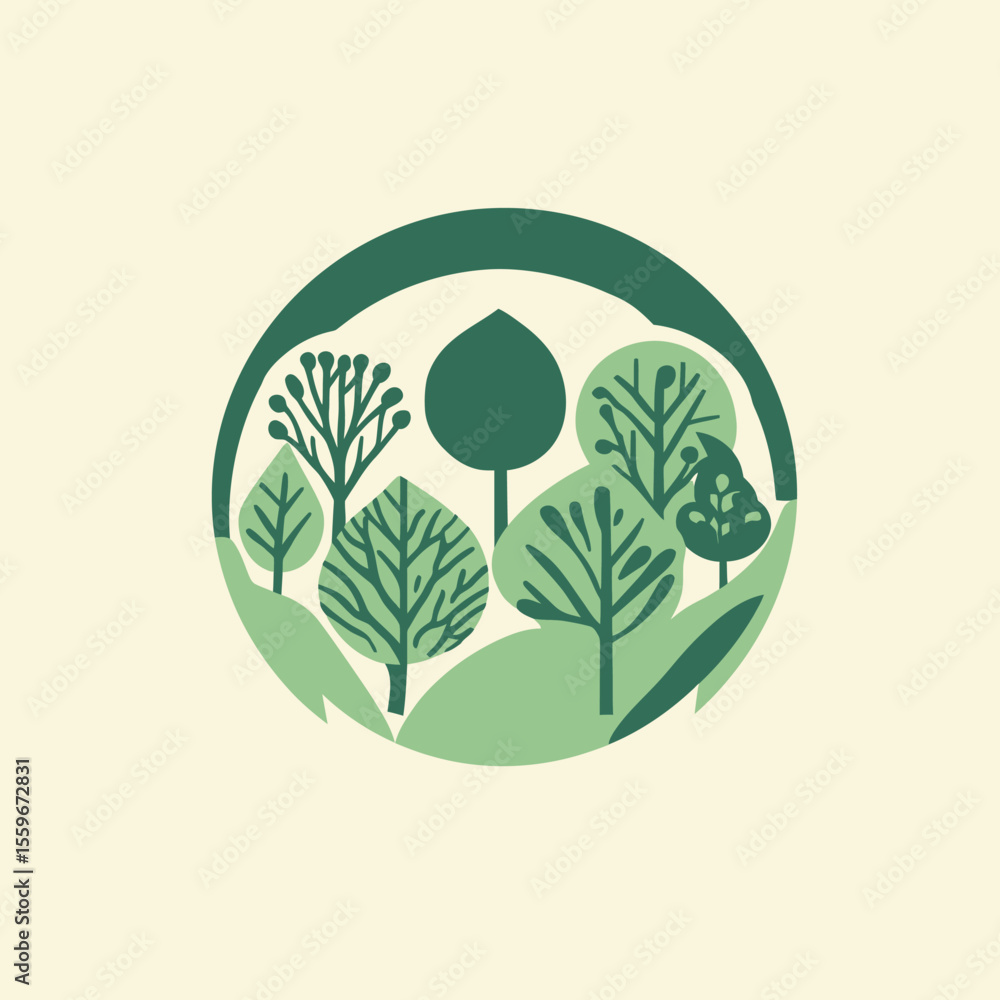 Poster flat minimalist vector illustration of green forest trees inside circular shape symbolizing nature e