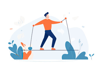 Businessman balancing on tightrope using poles with plants and abstract background representing risk management and stability concepts in flat vector style