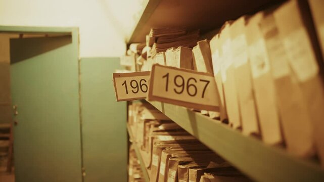 Old Archive Shelves With Paper Vintage Folders. Historical Documents Organized By Year