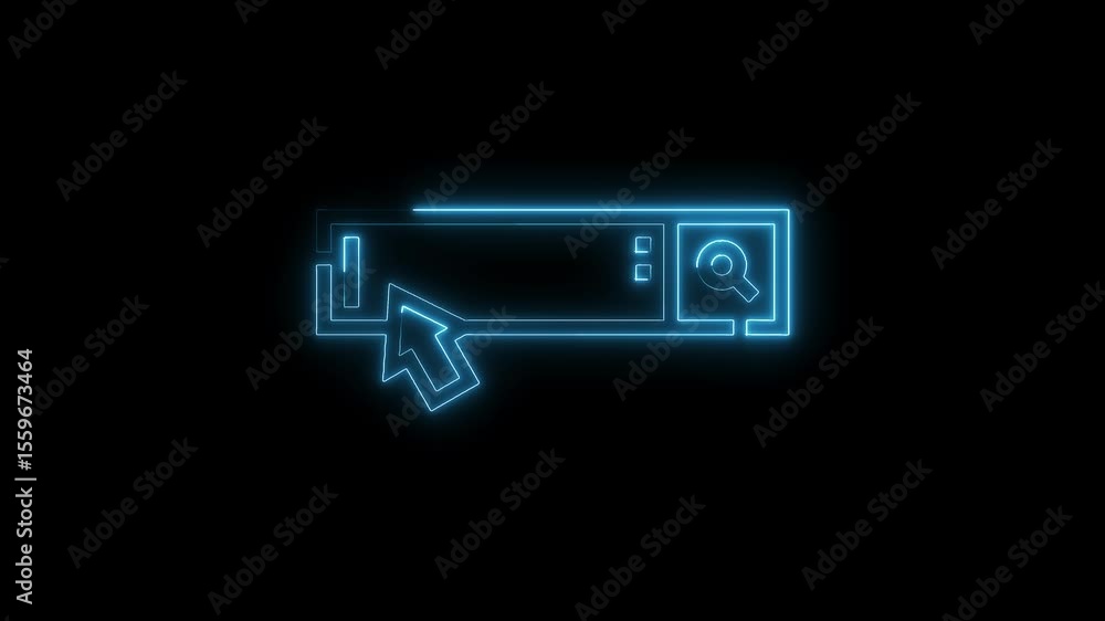 Poster glowing blue neon search bar with cursor animation on black background for internet applications