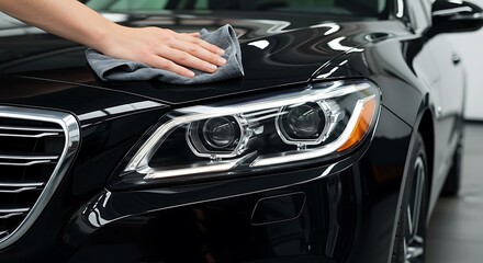Hand polishing a black car showing glossy surface and detailed headlights close up