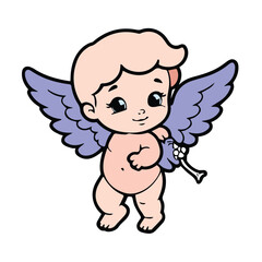 Cute cherubic angel in light peach skin tone with light purple wings, carrying a small bouquet of flowers. Child-like pose against a plain white background.