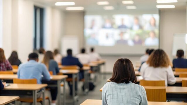 Blurred classroom setting with students seated and virtual participants visible on large screen

