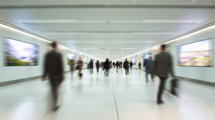 People move quickly through a modern airport, their motion blurred against the bright space with glass walls and a large digital screen displaying an advertisement.