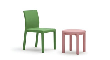 Fototapeta premium Modern Children’s Plastic Chair and Stool in Green and Pink