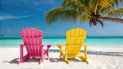 Two colorful adirondack chairs await on a pristine tropical beach under a palm tree