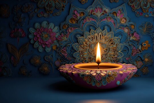 3d greeting card design for diwali with an oil lamp. High quality