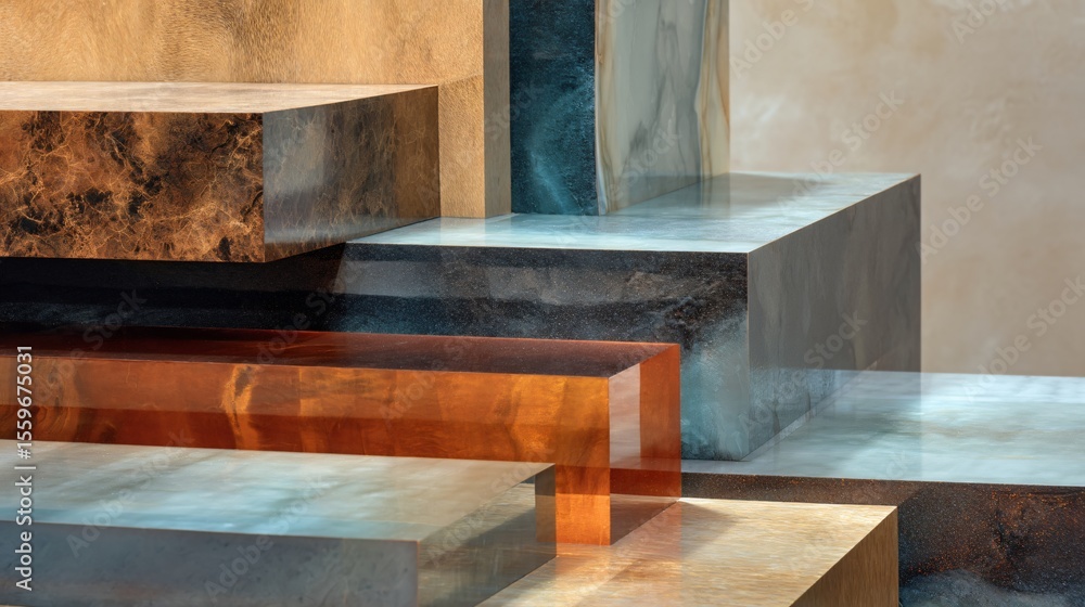 Aufkleber abstract composition featuring cut rectangular shapes with diverse textures in a studio setting