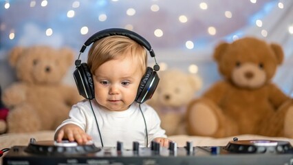 Adorable baby dj wearing headphones and playing with a dj mixer surrounded by teddy bears