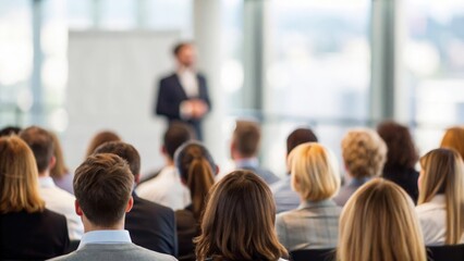 Defocused seminar environment with professional crowd attending corporate development talk
