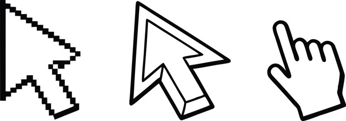 Three computer cursor icons including a pixelated arrow a 3 D arrow a hand pointer