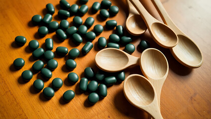 green capsules spread out on a wooden surface, with some inside light-colored wooden spoons, 32K Resolution