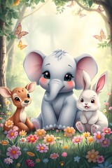 Adorable elephant, bunny, and deer in blooming garden with butterflies. Cute cartoon animals in peaceful fantasy setting.