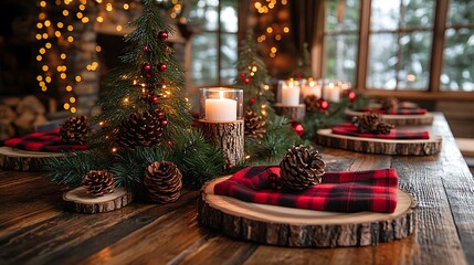 Cozy christmas dinner table setting with candles pinecones and rustic festive decorations