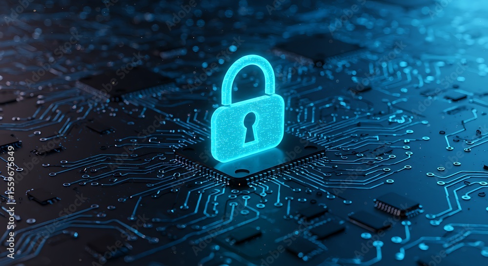 Poster digital security concept with glowing lock icon on circuit board data protection
