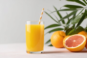Fototapeta premium Glass of fresh juice with paper straw placed on white surface