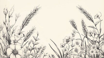 Monochromatic botanical illustration showcasing wildflowers and wheat elements
