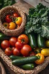 Top view of organic farm vegetables in woven basket on rustic tabletop surface