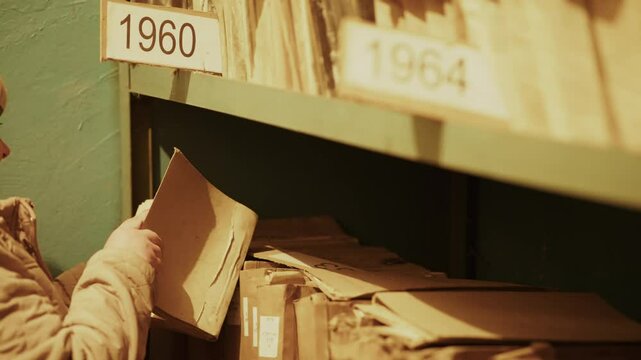 Archivist Searching For Information In Vintage Archives. Systematized Paperwork Storage 